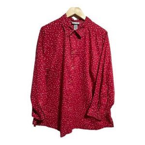 Catherines Womens Red White Dots Roll Tab Long Sleeve Button Casual Shirt 1X